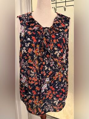 Roz & Ali Navy Floral Tie-Front Sleeveless Top 3X Like New $15